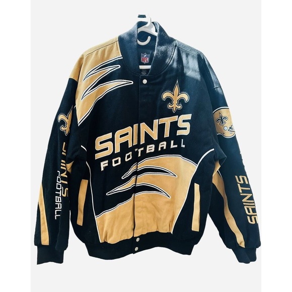 New Orleans Saints NFL Varsity Jacket Mens Large Black Gold Embroidered Coat HTF - Picture 1 of 15